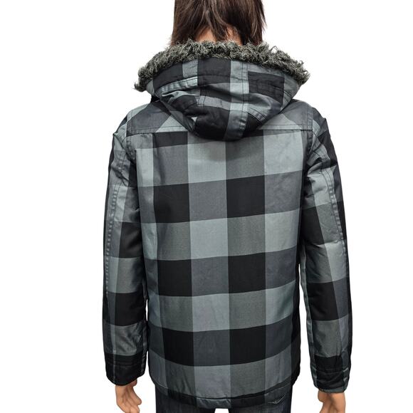 Legendary Goods Hooded Winter Coat Jacket Zip-up Button Men S/M Black Gray Check - Picture 2 of 12